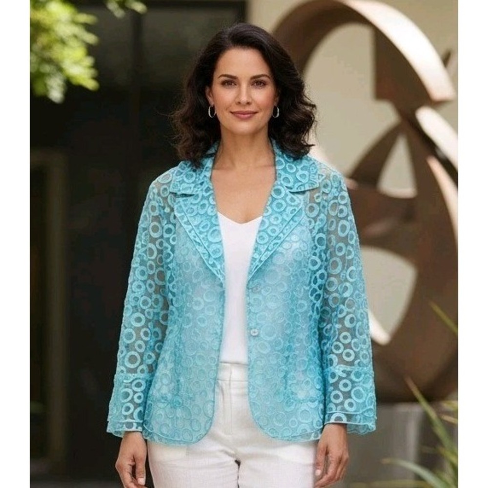 Nabi Jacket Women's Size 1X Plus Sheer Cropped Buttons Circle Design Aqua Cotton